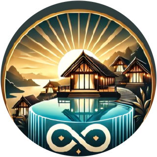Azure Resort emblem — sunset cottages over an infinity pool