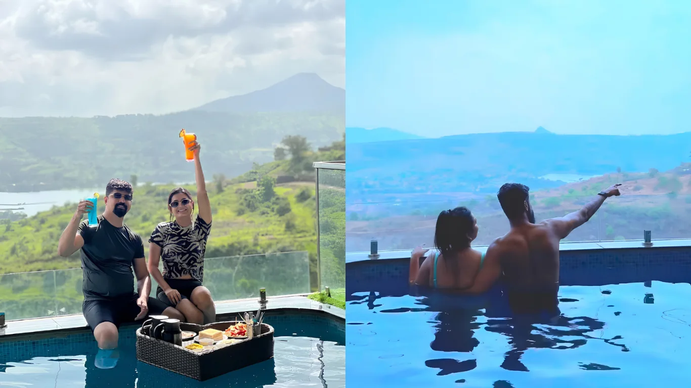 Couples enjoying private pools with valley views at Azure Resort, Pawna Lake