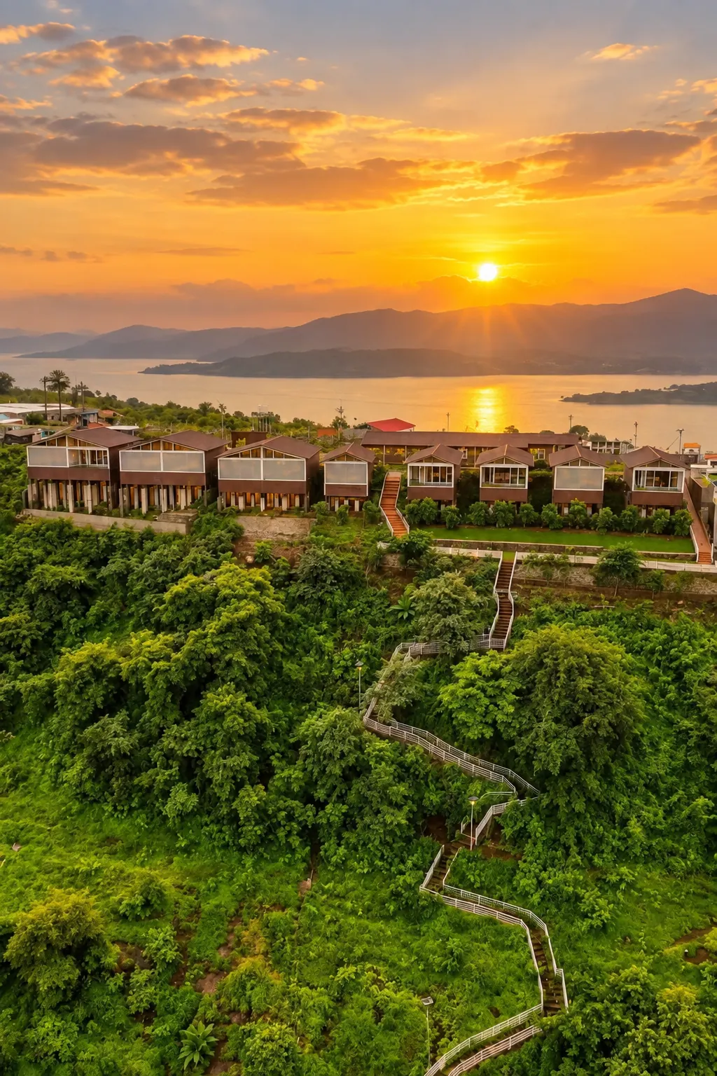 Aerial sunset over Azure Resort and Pawna Lake